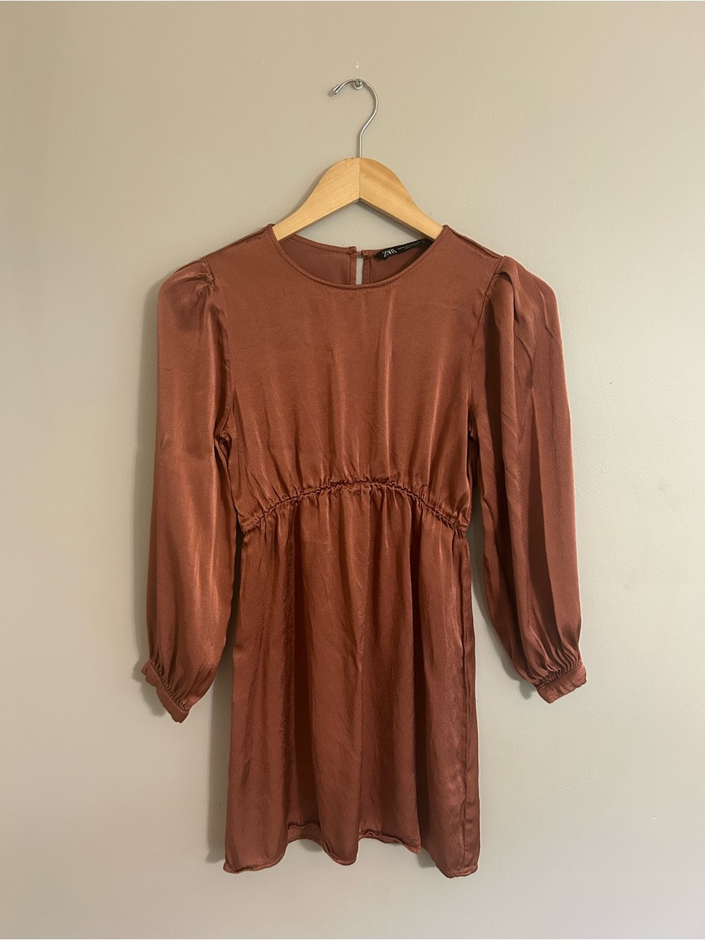 Zara Rust Satin Puff Sleeve Mini Dress